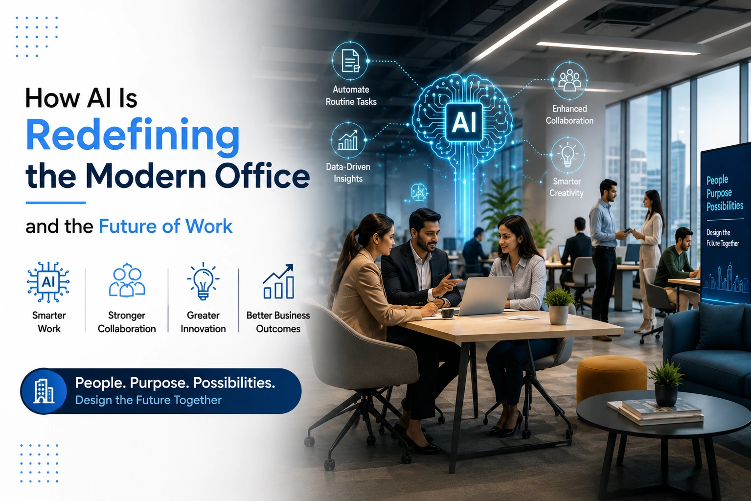Modern AI-powered office with professionals collaborating in a flexible workspace, featuring a digital AI interface, smart technology, and futuristic collaboration tools that represent the future of work, innovation, and hybrid workplaces.