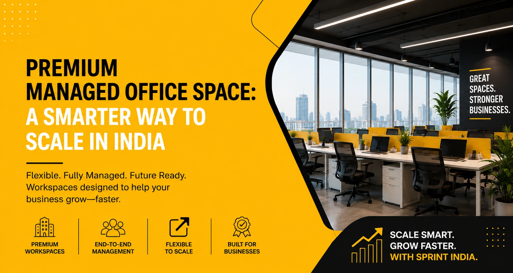 Premium managed office space in India featuring a modern workspace, flexible scaling, end-to-end management, and a yellow-and-black corporate design for Sprint India.