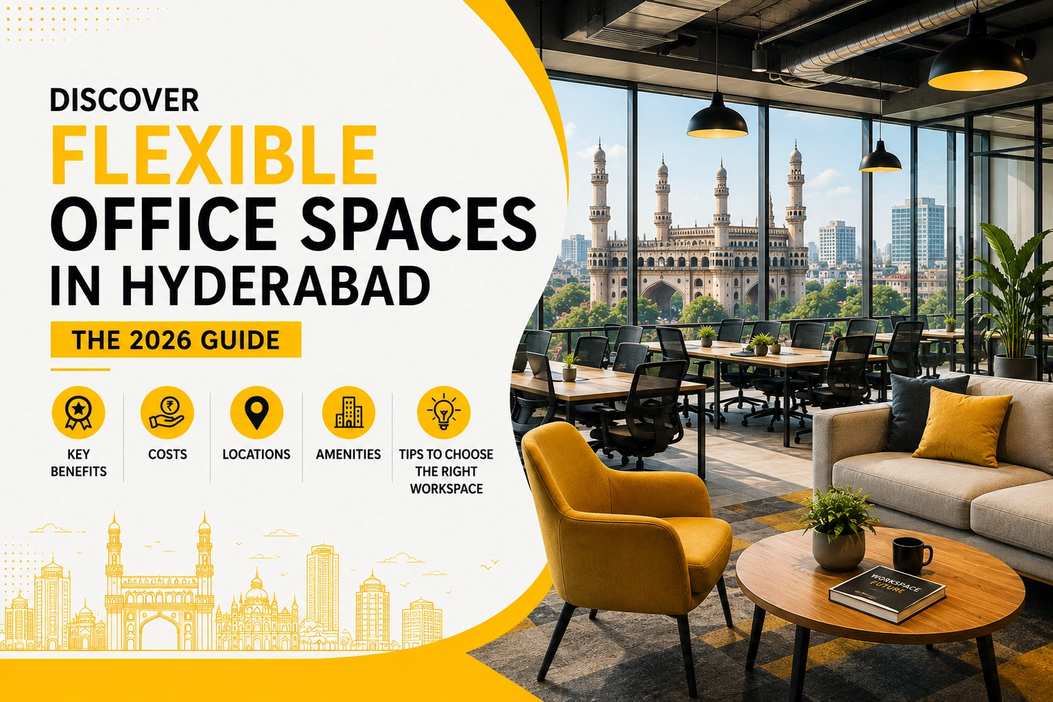 Flexible office spaces in Hyderabad 2026 guide featuring a modern coworking workspace, Charminar skyline, office amenities, costs, locations, and workspace benefits.