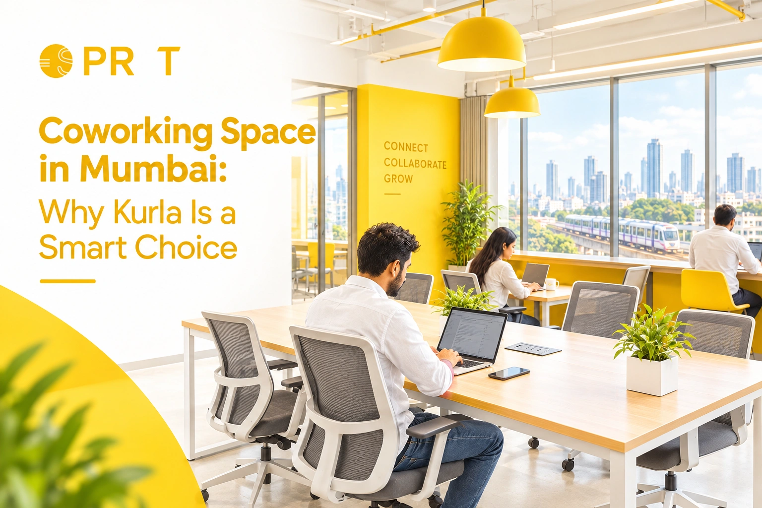 Coworking space in Kurla, Mumbai featuring a modern office interior with yellow accents, shared work desks, professionals working on laptops, and a Mumbai skyline visible through large windows.